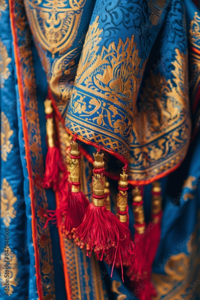 Obraz premium Close-up of traditional ornate fabric with vibrant blue and gold patterns, adorned with red tassels. Rich cultural textile detail.