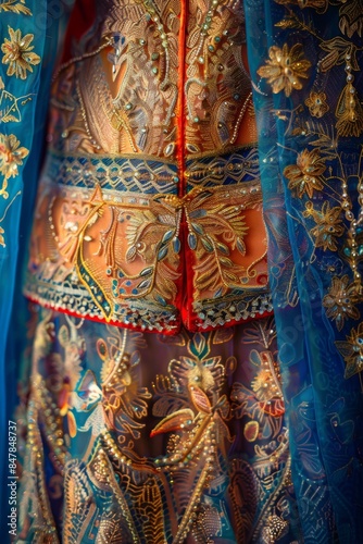 Close-up of vibrant and intricately designed traditional clothing with rich embroidery and bright colors for a cultural celebration. © kitidach