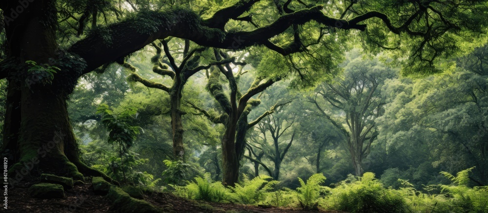 Two old oaks and fern. Creative banner. Copyspace image Two old oaks and fern. Creative banner. Copyspace image