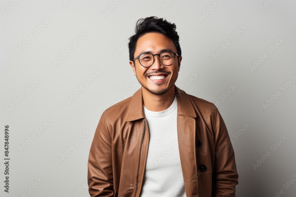 Portrait of a happy asian man in his 30s wearing a chic cardigan isolated on minimalist or empty room background Portrait of a happy asian man in his 30s wearing a chic cardigan isolated on minimalist or empty room background
