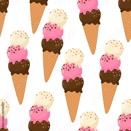 Seamless pattern in the form of an ice cream cone with three balls of white, pink, brown color. Vanilla, strawberry, chocolate. Perfect for festive and fun decoration