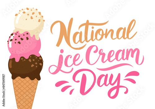 National Ice Cream Day greeting card. A waffle cone with various balls of fruit ice cream. Creamy, vanilla, chocolate, berry, gelato or sorbet. Template for background, banner, postcard, poster