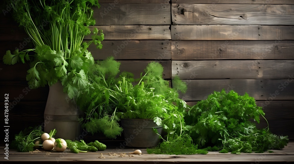 Fresh Bounty: Green Vegetables Against a Knotty Wood Backdrop