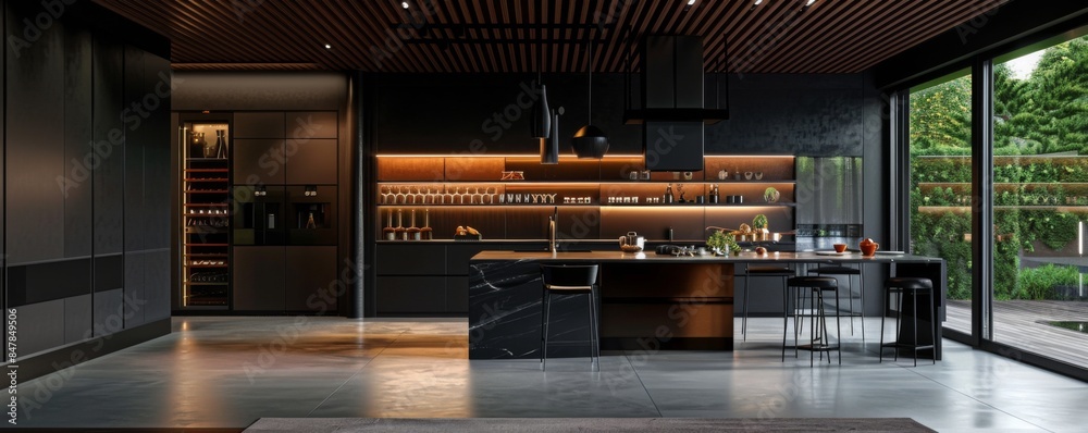 New modern luxury kitchen in a new apartment, banner. Generative AI.
