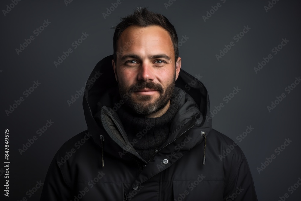 Portrait of a satisfied man in his 30s wearing a warm parka isolated on minimalist or empty room background