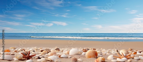 shells on the beach in sand. Creative banner. Copyspace image