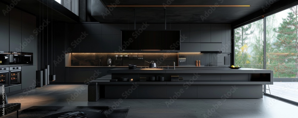 New modern luxury kitchen in a new apartment, banner. Generative AI. New modern luxury kitchen in a new apartment, banner. Generative AI.