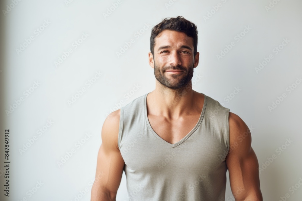 Portrait of a happy man in his 30s donning a trendy cropped top in front of minimalist or empty room background