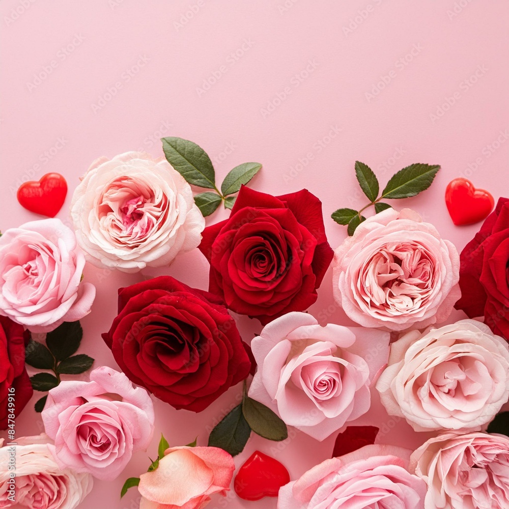 design concept background with pink and red rose flower on pink table background, Valentines, Spring or Mothers day design concept background with pink and red rose flower on pink table background, Valentines, Spring or Mothers day