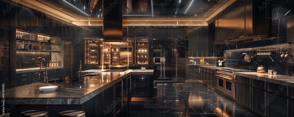 New modern luxury kitchen in a new apartment, banner. Generative AI. New modern luxury kitchen in a new apartment, banner. Generative AI.