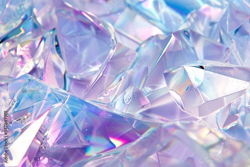 Iridescent crystal glass structure with light refractions on abstract background