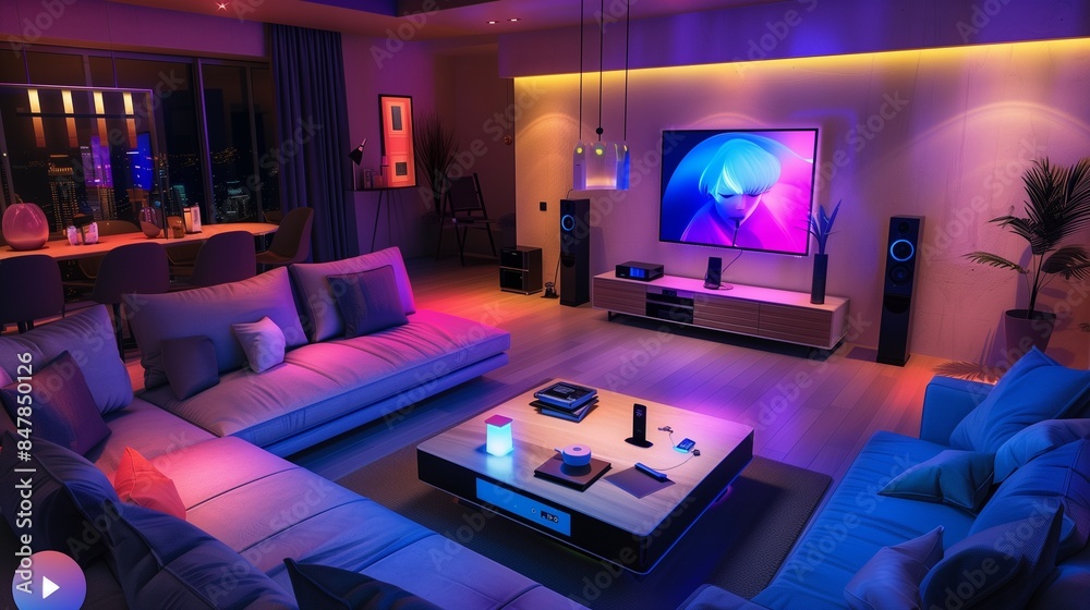 A tech-savvy living room equipped with voice-controlled smart home devices, integrated sound systems, and ambient lighting that adjusts to match the mood. A tech-savvy living room equipped with voice-controlled smart home devices, integrated sound systems, and ambient lighting that adjusts to match the mood.