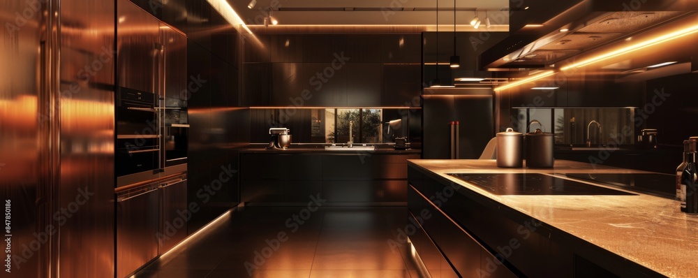 New modern luxury kitchen in a new apartment, banner. Generative AI. New modern luxury kitchen in a new apartment, banner. Generative AI.