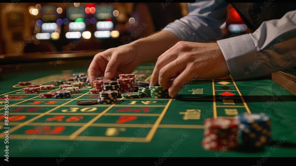 Hands on Roulette Table: Casino Gambling Scene with Chips and Dice Hands on Roulette Table: Casino Gambling Scene with Chips and Dice
