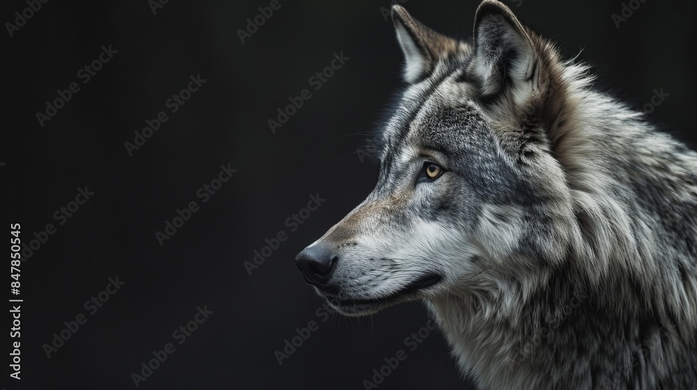 Fototapeta premium Grey Wolf Against a Black Background, Captured in High Detail