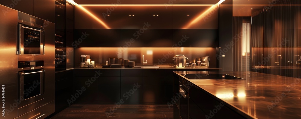New modern luxury kitchen in a new apartment, banner. Generative AI. New modern luxury kitchen in a new apartment, banner. Generative AI.