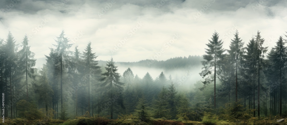 Foggy forest panoramic view nobody. Creative banner. Copyspace image Foggy forest panoramic view nobody. Creative banner. Copyspace image
