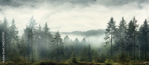 Foggy forest panoramic view nobody. Creative banner. Copyspace image
