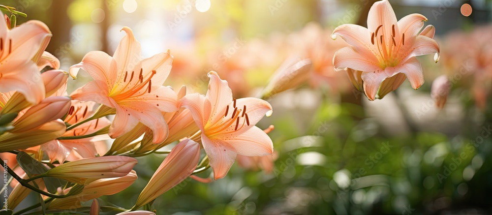 peach lily lily flowers in the garden. Creative banner. Copyspace image