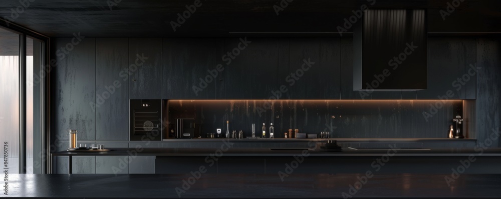 New modern luxury kitchen in a new apartment, banner. Generative AI. New modern luxury kitchen in a new apartment, banner. Generative AI.