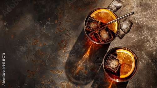 Two glasses of whiskey and cola with orange slices on a rusty table. High quality food photography. copy space. dark concrete background, top view