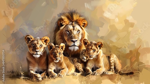 Family of Lions Resting: Majestic Lion, Lioness, and Playful Lion Cubs in Natural Habitat photo