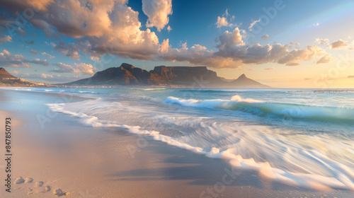 Stunning Camps Bay Beach and Table Mountain at sunrise