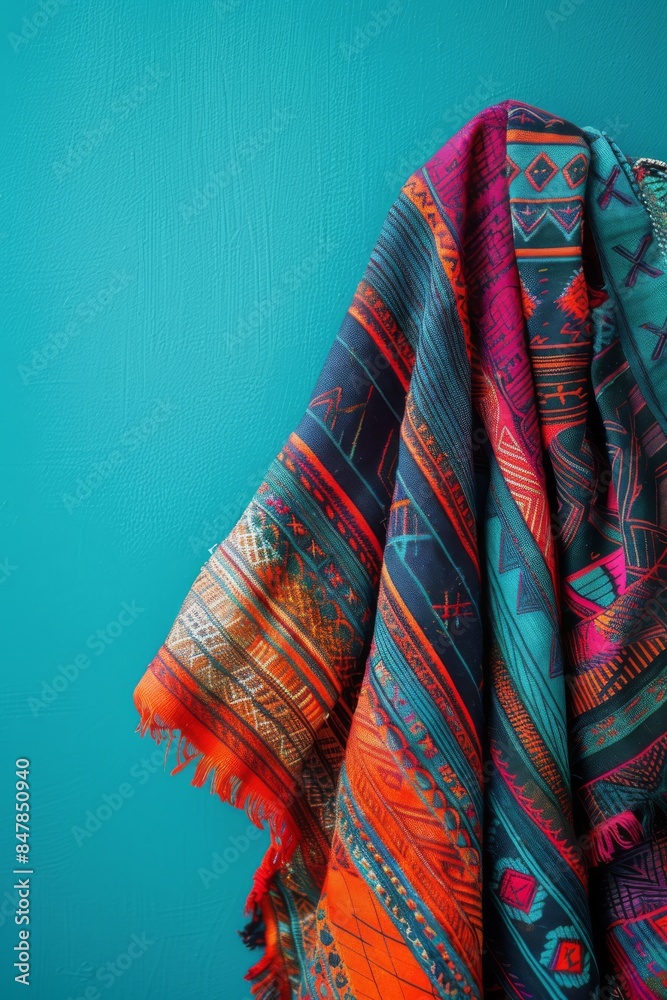 Colorful ethnic-patterned fabric draped against a teal background showcasing vibrant textile design with intricate geometric motifs.
