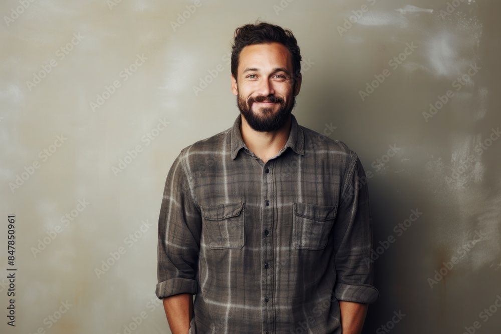Portrait of a glad man in his 30s wearing a comfy flannel shirt in minimalist or empty room background Portrait of a glad man in his 30s wearing a comfy flannel shirt in minimalist or empty room background