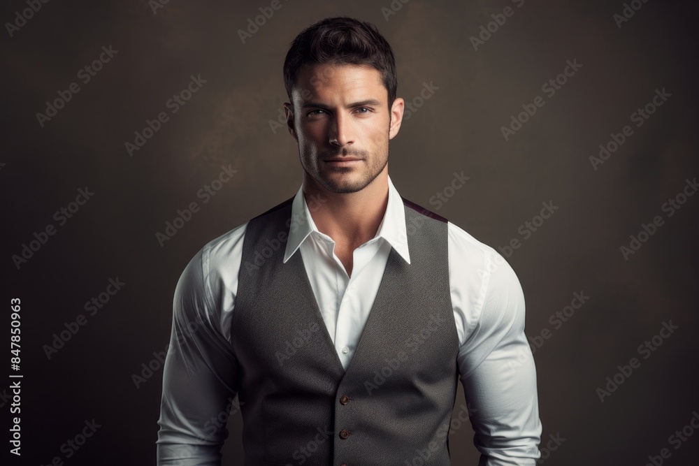 Portrait of a content man in his 30s dressed in a polished vest isolated on minimalist or empty room background Portrait of a content man in his 30s dressed in a polished vest isolated on minimalist or empty room background