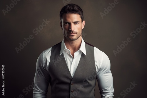 Portrait of a content man in his 30s dressed in a polished vest isolated on minimalist or empty room background