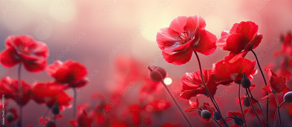 Fototapeta premium Red flowers blurred background. Creative banner. Copyspace image