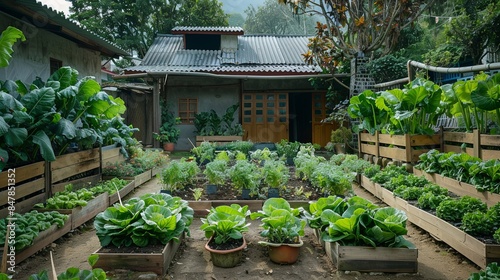 Permaculture raised beds in hoe backyard with fresh vegetables