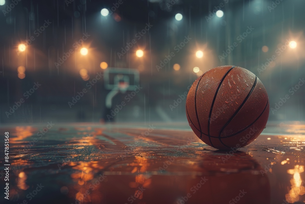 Basketball ball in dark illuminated basketball hall. Basketball ball in dark illuminated basketball hall.