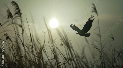 Bald eagle soaring through Maryland's Eastern Shore at sunrise photo