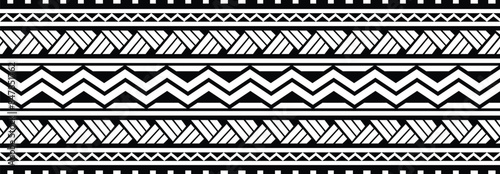 Polynesian design tribal tattoo border. Tribal design ethnic maori band.Tattoo  ribbon sleeve bracelet. Fabric seamless isolated hawaiian pattern on white background.