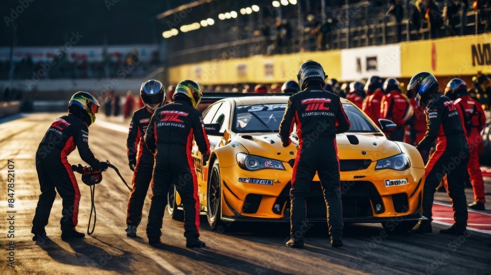 Obraz premium Professional pit crew ready for action as their team's race car arrives in the pit lane during a pitstop of a car race, concept of ultimate teamwork