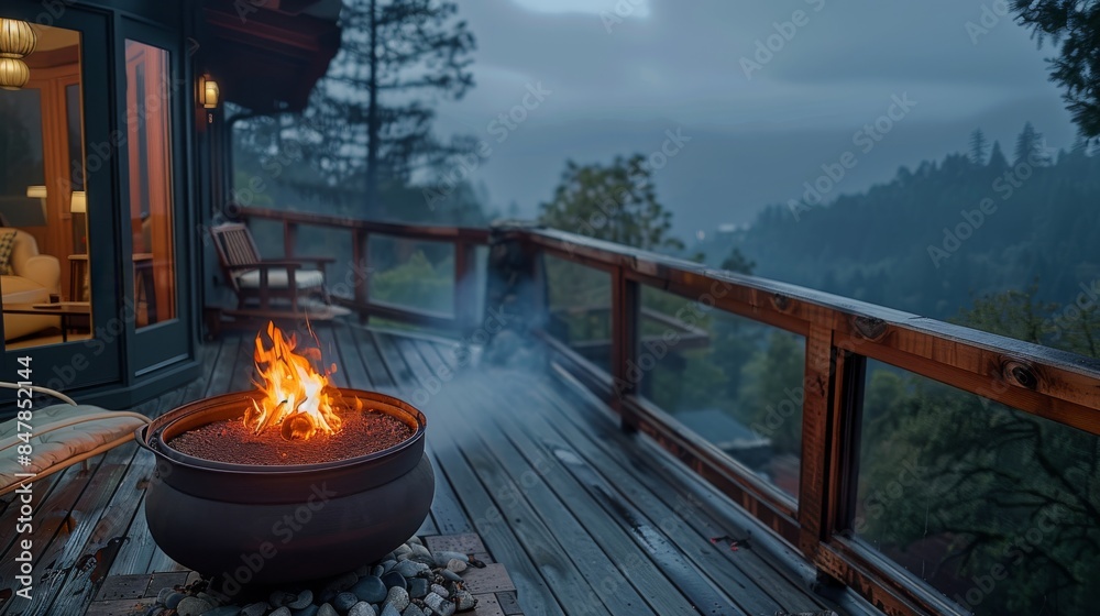 Porch, balcony, fire pit, dark outside, view of forests and hills. Generative AI. Porch, balcony, fire pit, dark outside, view of forests and hills. Generative AI.