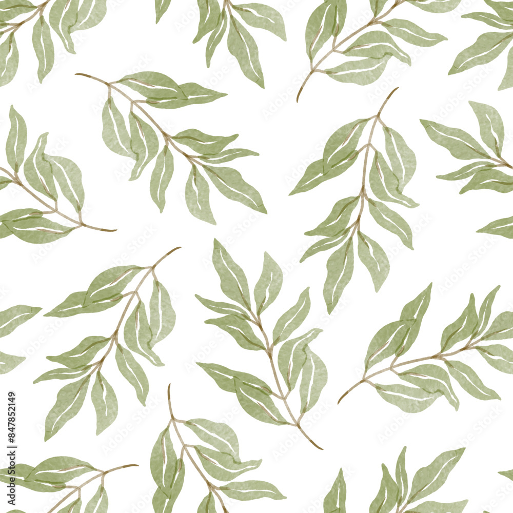 Watercolour green leaves on white background, vector. Seamless floral pattern-334. Watercolour green leaves on white background, vector. Seamless floral pattern-334.