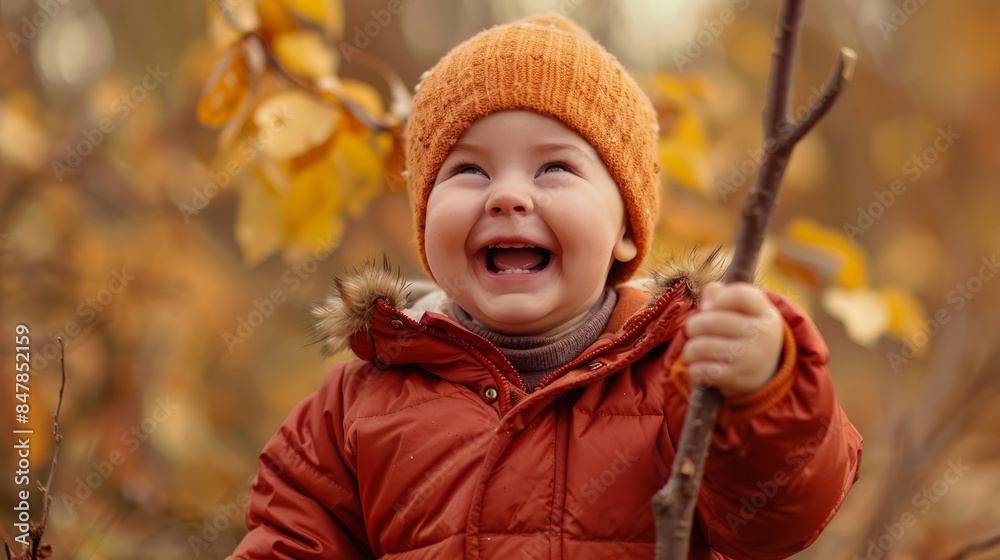 Happy baby boy in autumn holding a stick and laughing Happy baby boy in autumn holding a stick and laughing