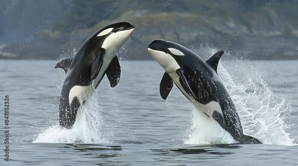 Obraz premium Pair of Killer Whales (Orcinus orca) Leaping Out of the Ocean in Coastal Waters of Canada