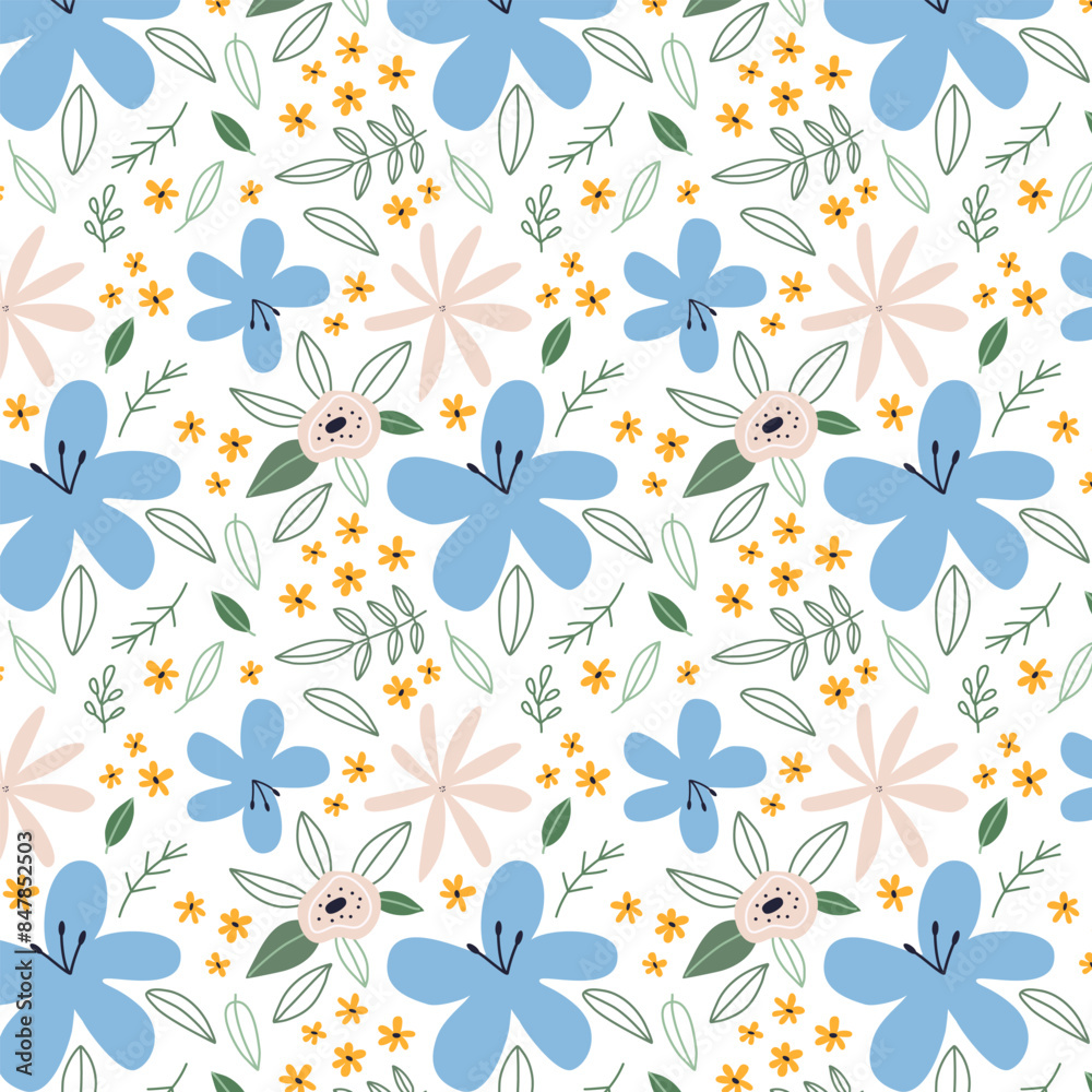 Seamless pattern of hand drawn beautiful flowers, leaves. Colorful flowers scattered on white background. Garden flower, plants, botanical design for fabrics, printing