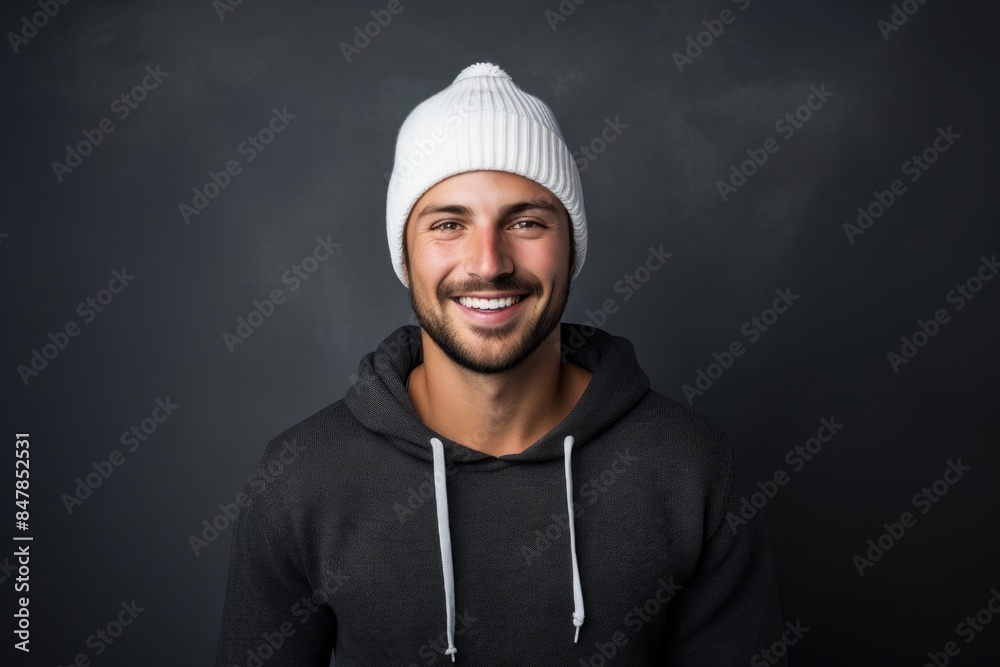 Portrait of a grinning man in his 30s donning a warm wool beanie while standing against minimalist or empty room background Portrait of a grinning man in his 30s donning a warm wool beanie while standing against minimalist or empty room background
