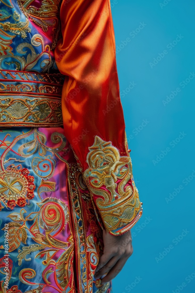 Detailed close-up of a colorful embroidered traditional outfit against a blue background, highlighting the ornate design and vibrant colors.