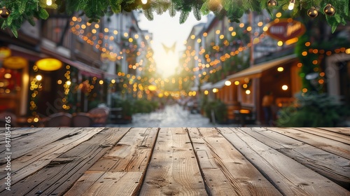 Empty wooden tabletop with green holiday garlands on blurry city street background. Generative AI.