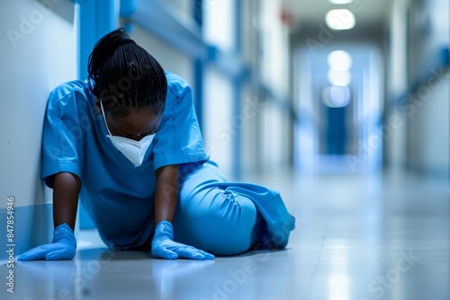 A female medical worker is sitting tiredly on the hospital floor. photo