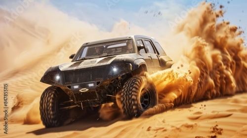 Fototapeta Naklejka Na Ścianę i Meble -  An offroad vehicle driving on sand dunes in the desert.