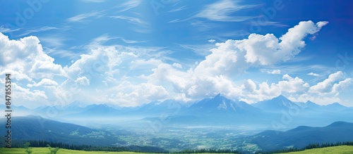 summer landscape with mountain and blue sky with clouds. Creative banner. Copyspace image