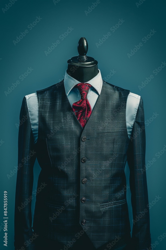 Elegant blue suit on a tailor's mannequin with a contrasting burgundy tie, showcasing professional men's fashion and craftsmanship. Elegant blue suit on a tailor's mannequin with a contrasting burgundy tie, showcasing professional men's fashion and craftsmanship.