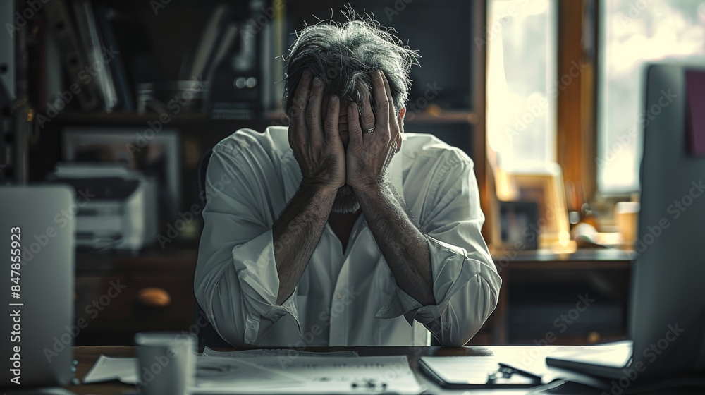 Seated at his desk, the man is enveloped in an aura of stress and overwhelm, his hands covering his face in a gesture of frustration and despair. Generative AI. Seated at his desk, the man is enveloped in an aura of stress and overwhelm, his hands covering his face in a gesture of frustration and despair. Generative AI.